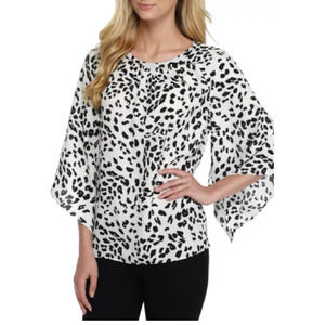 New Vince Camuto XS Animal Leopard Print Kimono Sleeve Blouse Top Black White